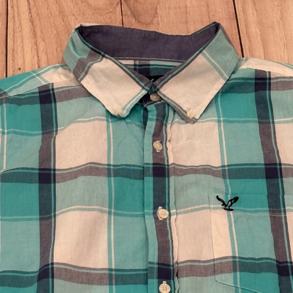 American Eagle Outfitters Teal and White Plaid Classic fit Shirt/size L - Picture 2 of 10